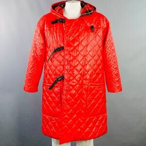 MONITALY Size L Red Quilted Nylon Hooded Buckle Clasp Coat